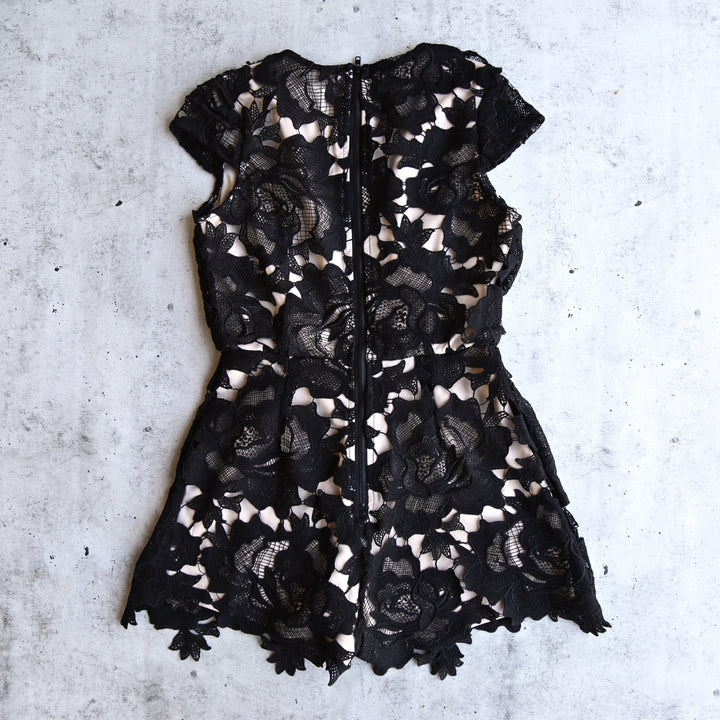 Lioness - Floral Applique Deep Plunge Tailored Romper in Black