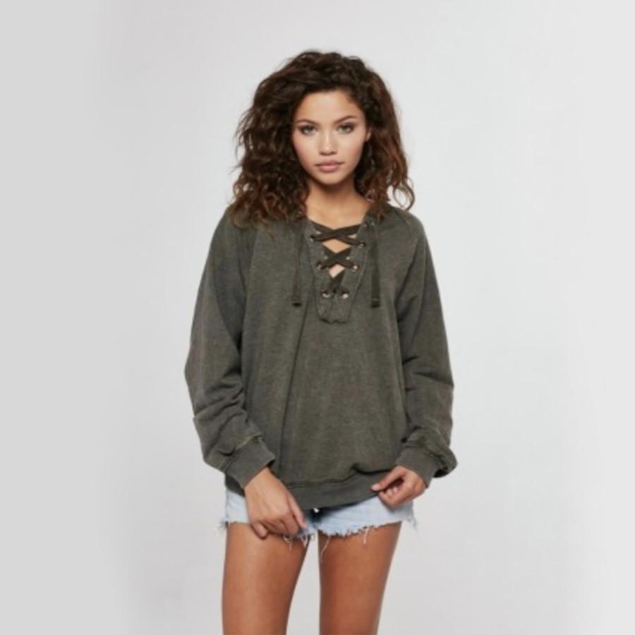 Final Sale - Project Social T - Abby Lace Up Hoodie in Army Green