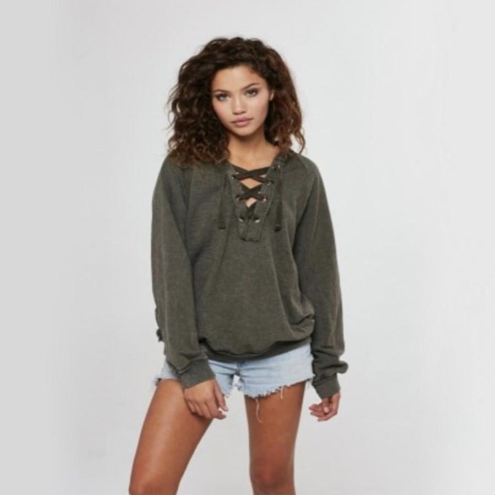 Final Sale - Project Social T - Abby Lace Up Hoodie in Army Green