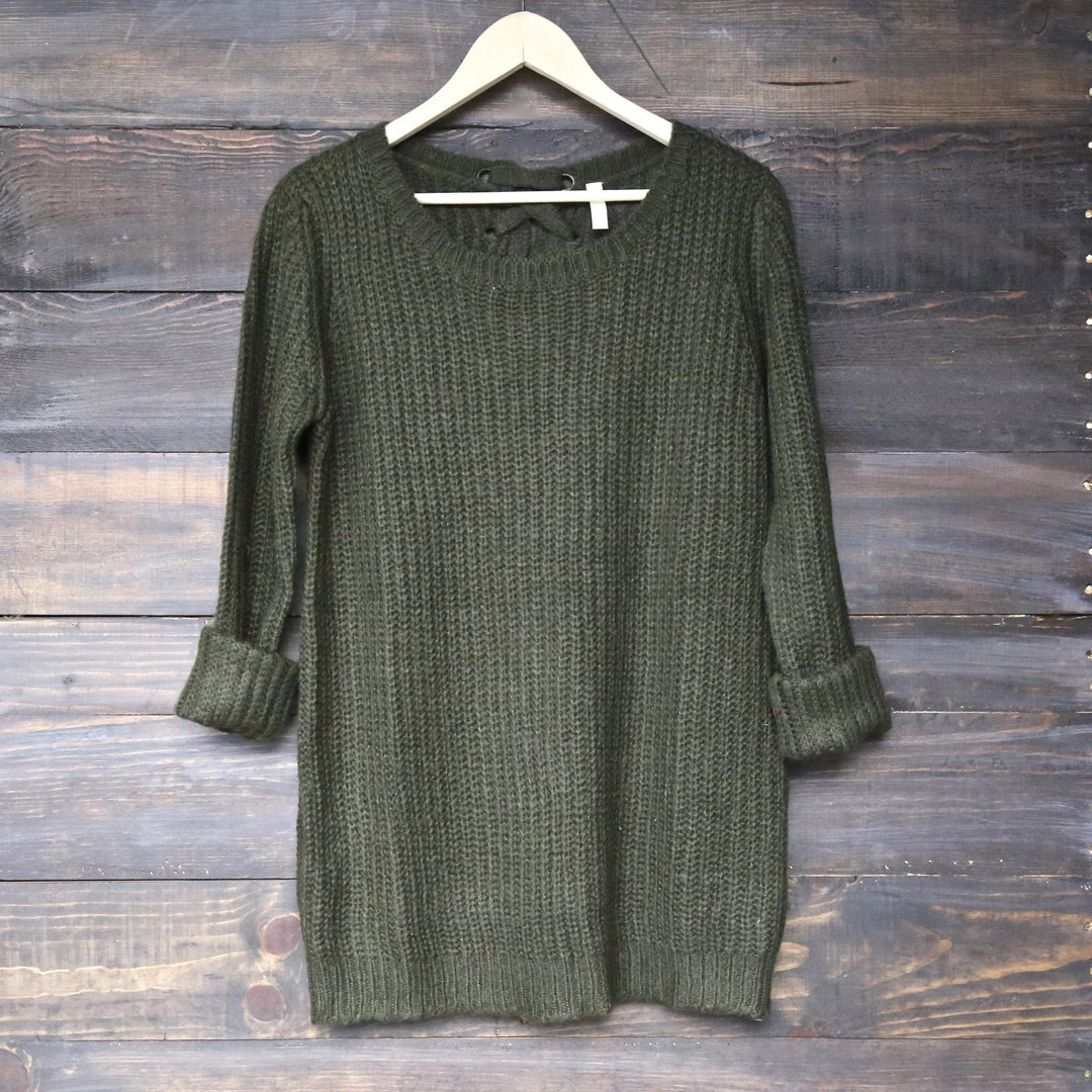 long sleeve lace up back sweater - olive - shophearts - 2