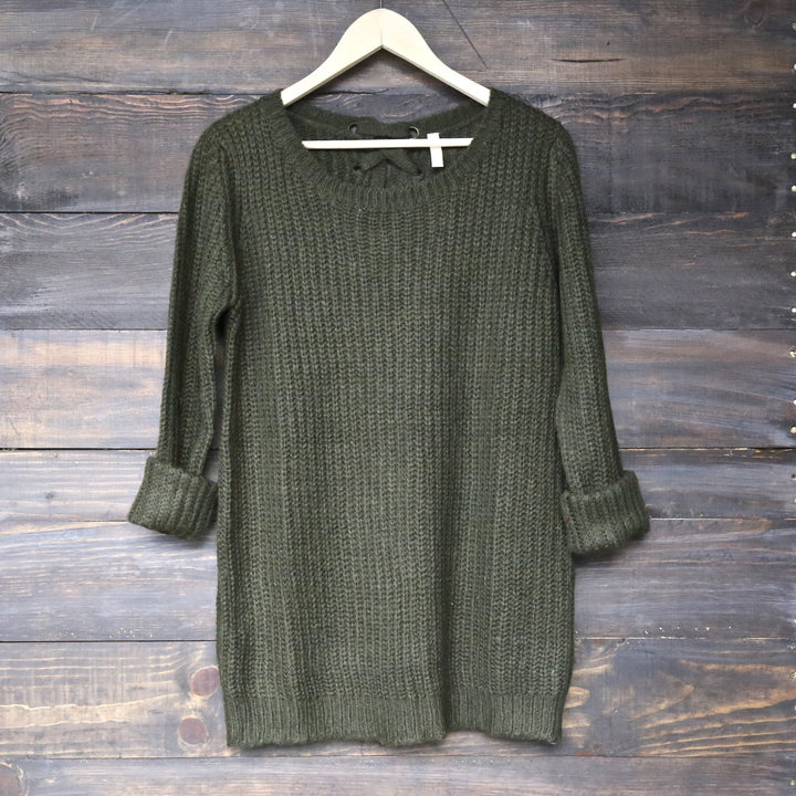 long sleeve lace up back sweater - olive - shophearts - 2