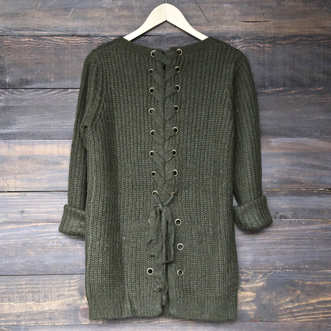 long sleeve lace up back sweater - olive - shophearts - 1