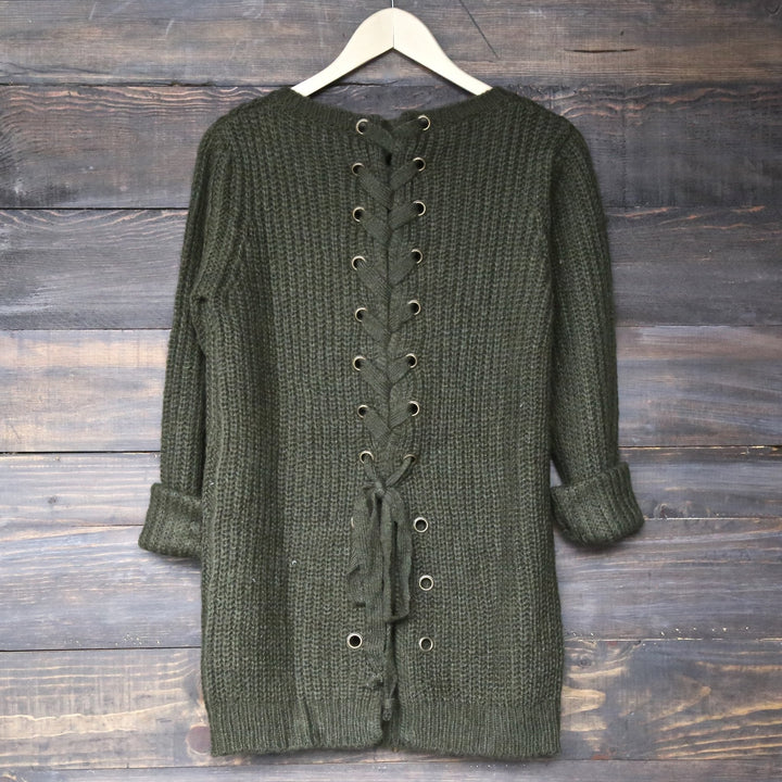 long sleeve lace up back sweater - olive - shophearts - 1