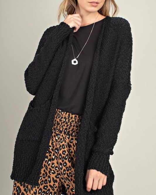 Fuzzy Front Pocketed Open Cardigan in Black