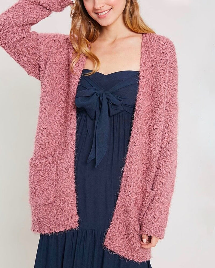 fuzzy knit sweater open-front cardigan in MAUVE