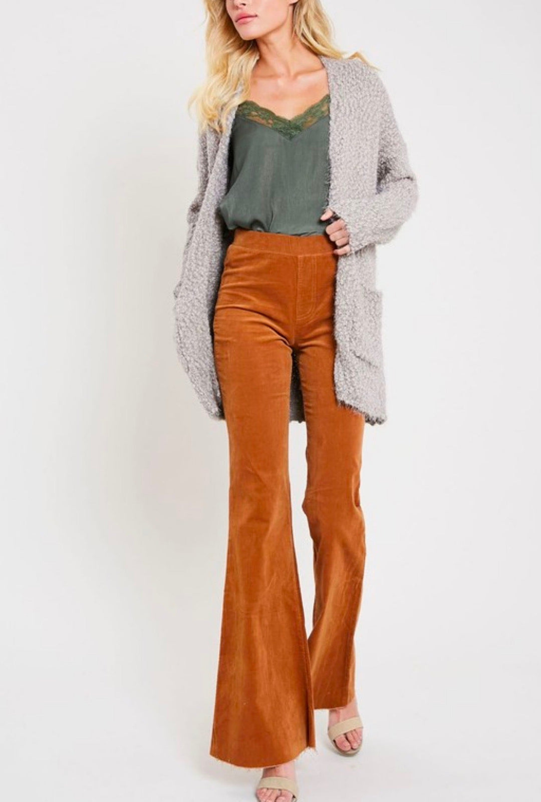 fuzzy knit sweater open-front cardigan in MOCHA