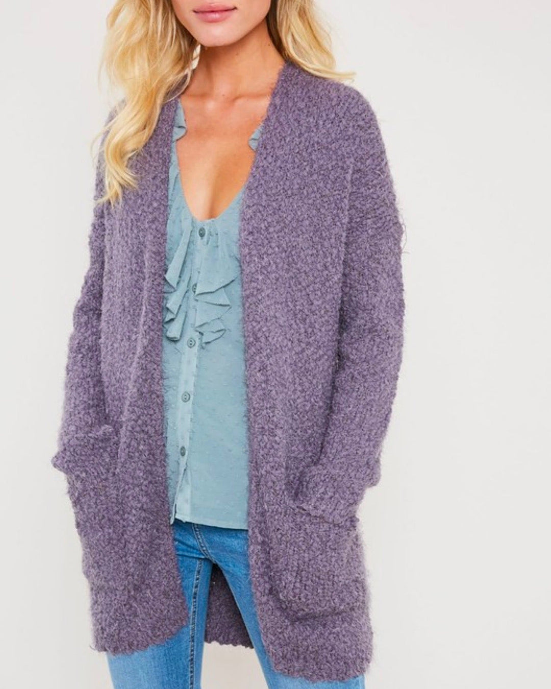 fuzzy knit sweater open-front cardigan in PURPLE GREY