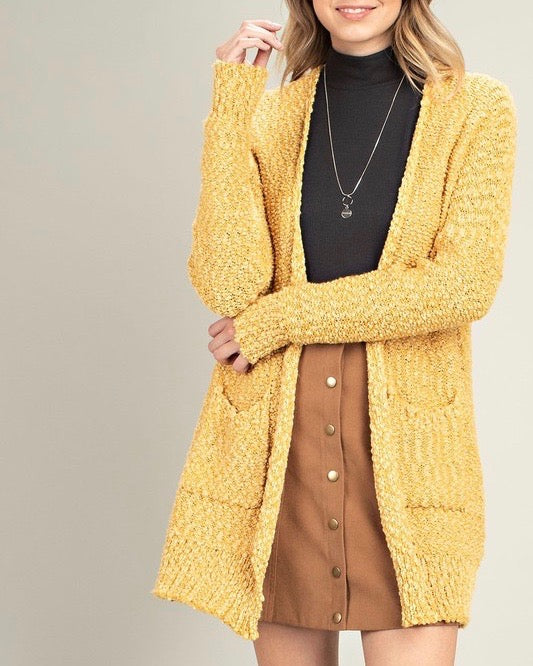 Fuzzy Popcorn Yarn Front Pocketed Open Cardigan in Mustard