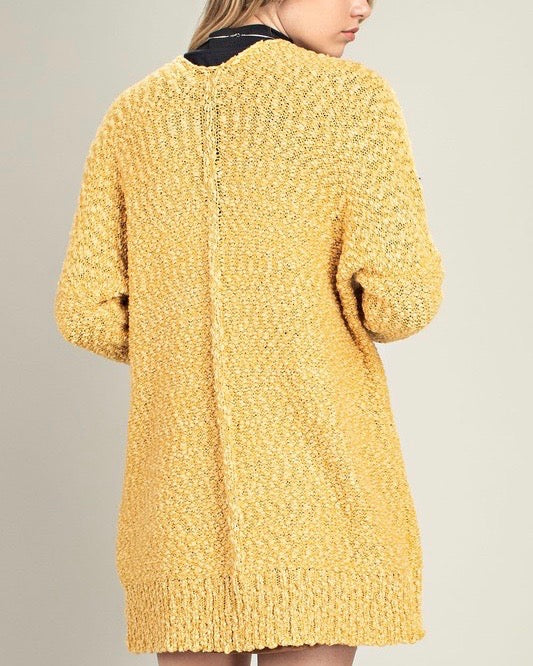 Fuzzy Popcorn Yarn Front Pocketed Open Cardigan in Mustard