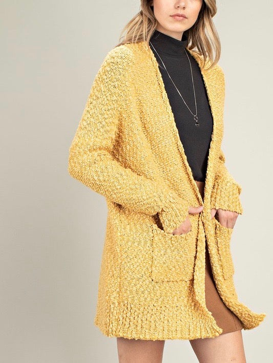 Fuzzy Popcorn Yarn Front Pocketed Open Cardigan in Mustard