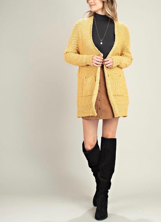 Fuzzy Popcorn Yarn Front Pocketed Open Cardigan in Mustard
