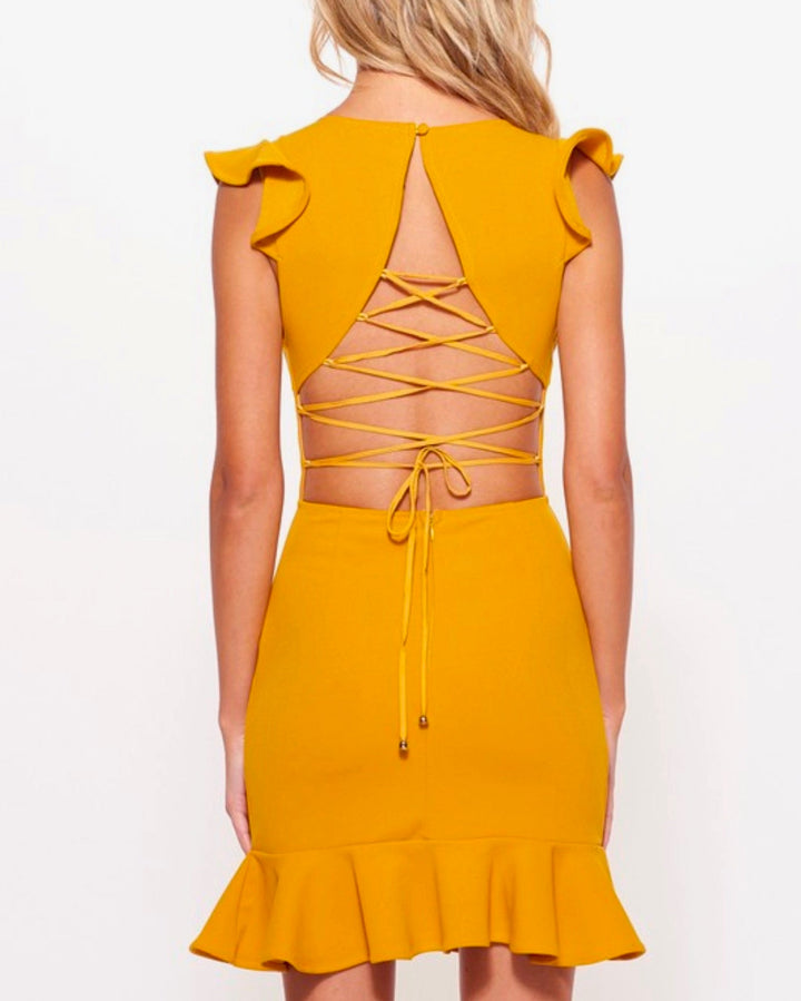 Girl Next Door Ruffle Sleeve Tie Back Mini Dress in Mustard