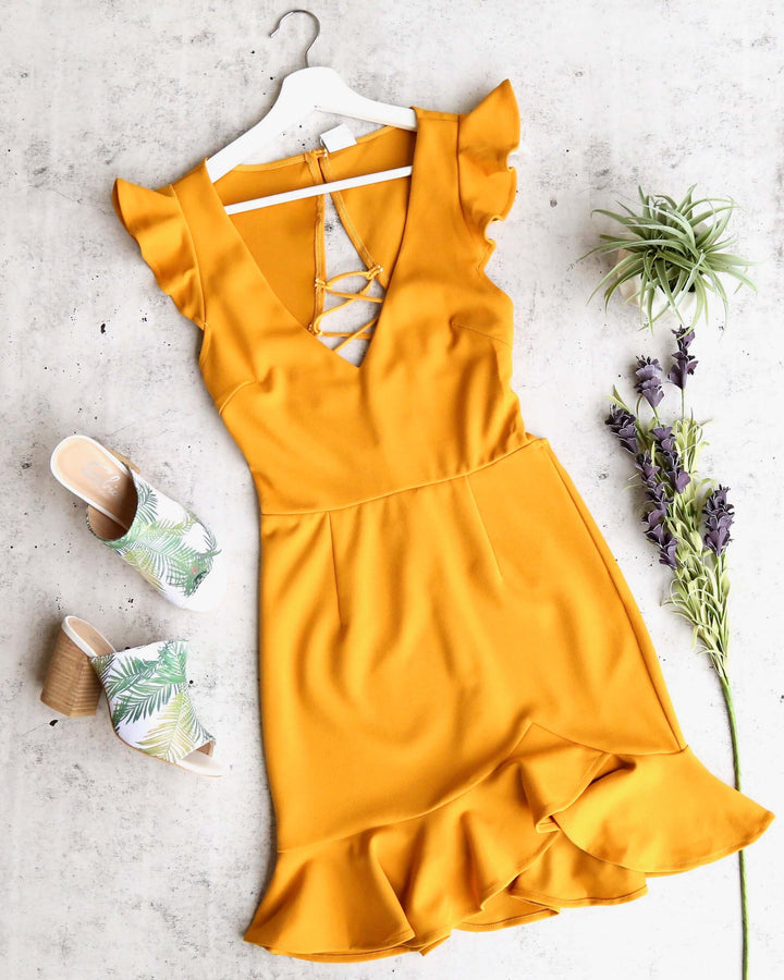 Girl Next Door Ruffle Sleeve Tie Back Mini Dress in Mustard