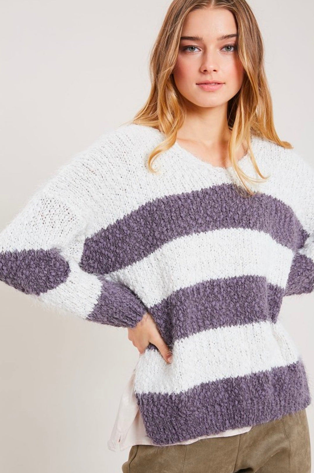 Girls Like Me Striped Fuzzy Knit Sweater with Side Slit in Purple Grey/Cream