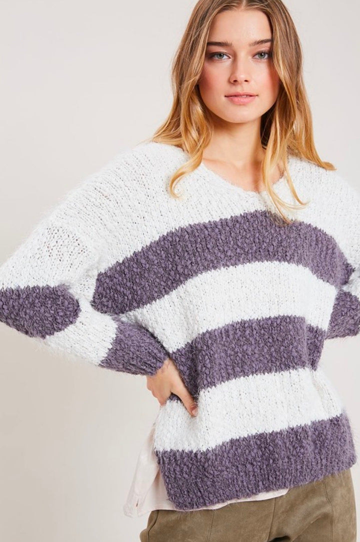 Girls Like Me Striped Fuzzy Knit Sweater with Side Slit in Purple Grey/Cream