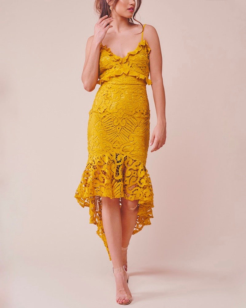 Glamorous Floral Crochet Lace Fishtail Ruffle Trim Dress in Mustard
