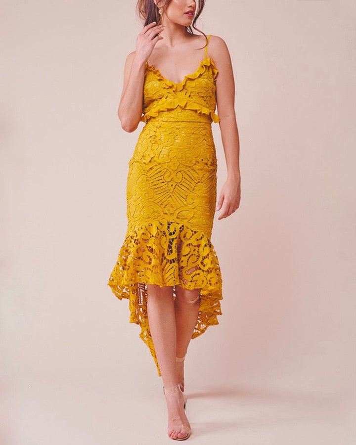 Glamorous Floral Crochet Lace Fishtail Ruffle Trim Dress in Mustard