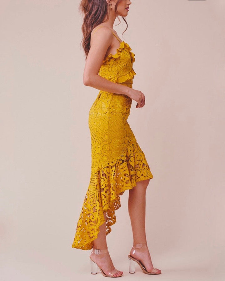 Glamorous Floral Crochet Lace Fishtail Ruffle Trim Dress in Mustard