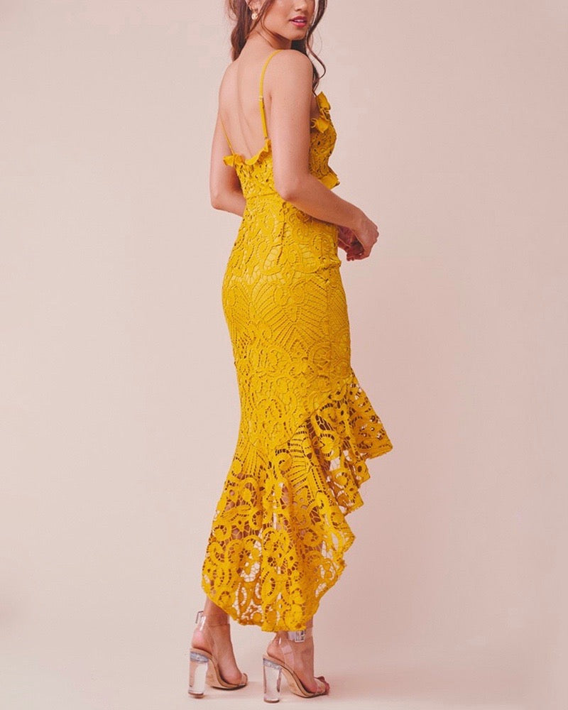 Glamorous Floral Crochet Lace Fishtail Ruffle Trim Dress in Mustard