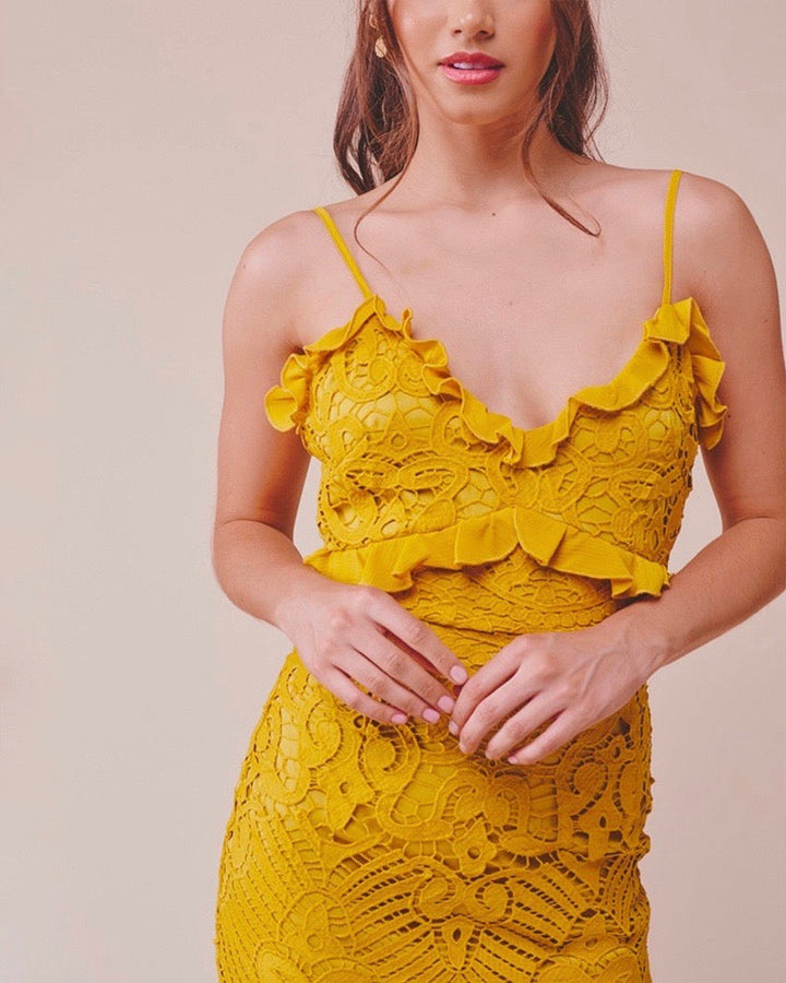 Glamorous Floral Crochet Lace Fishtail Ruffle Trim Dress in Mustard