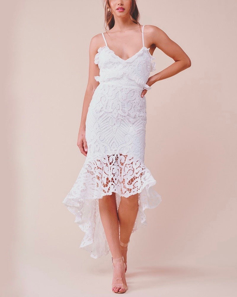 Glamorous Floral Crochet Lace Fishtail Ruffle Trim Dress in White