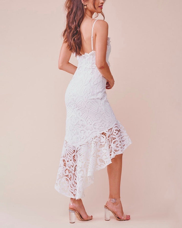Glamorous Floral Crochet Lace Fishtail Ruffle Trim Dress in White