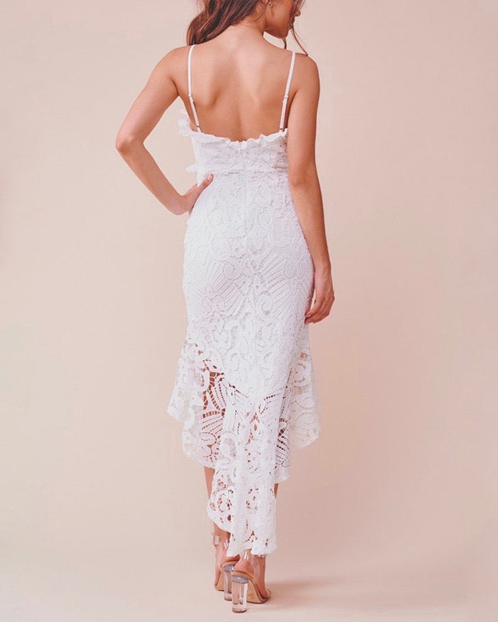 Glamorous Floral Crochet Lace Fishtail Ruffle Trim Dress in White