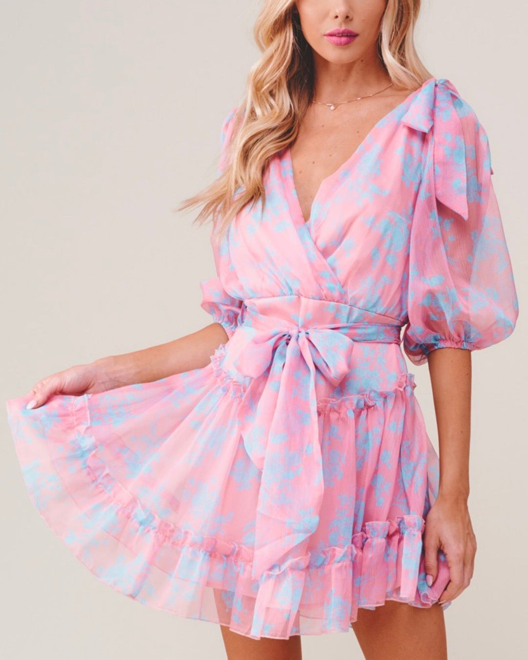 Hacienda Heights Ruffle Hem Quarter Sleeve Mini Dress in Rose