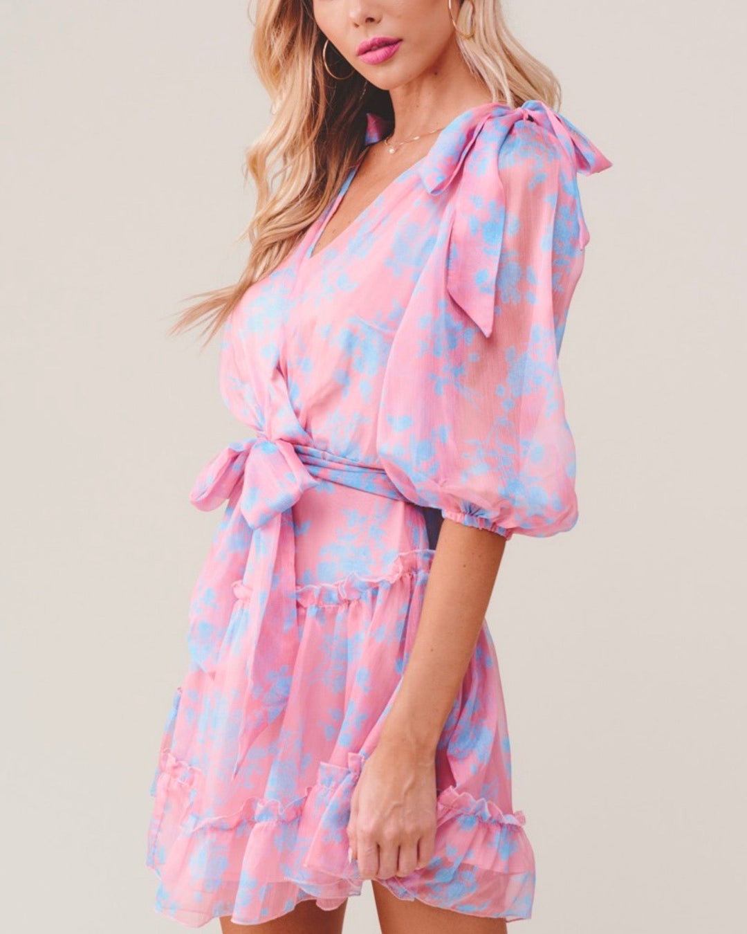 Hacienda Heights Ruffle Hem Quarter Sleeve Mini Dress in Rose