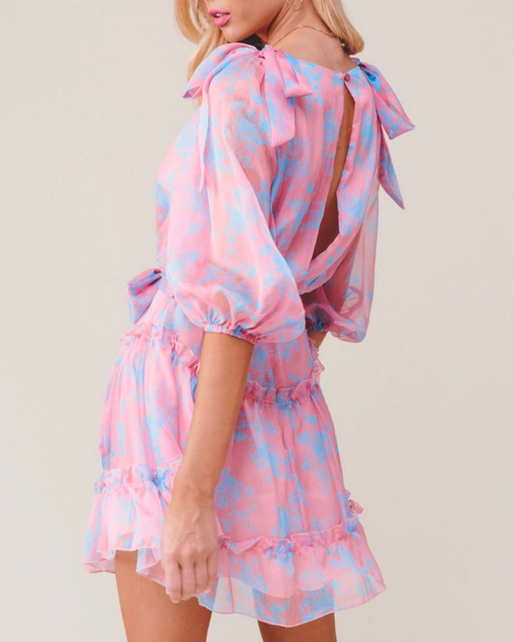 Hacienda Heights Ruffle Hem Quarter Sleeve Mini Dress in Rose