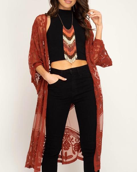 half sleeve - crochet - lace - midi - duster - cardigan - floral - boho - bohemian - beach cover up - brick - rust