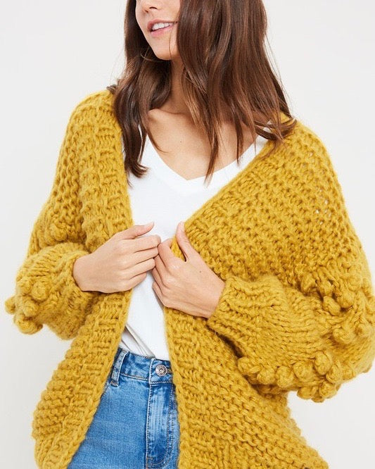 Heart On My Sleeves Handmade Relaxed Open Knit Knitted Open Front Cardigan Sweater in Mustard