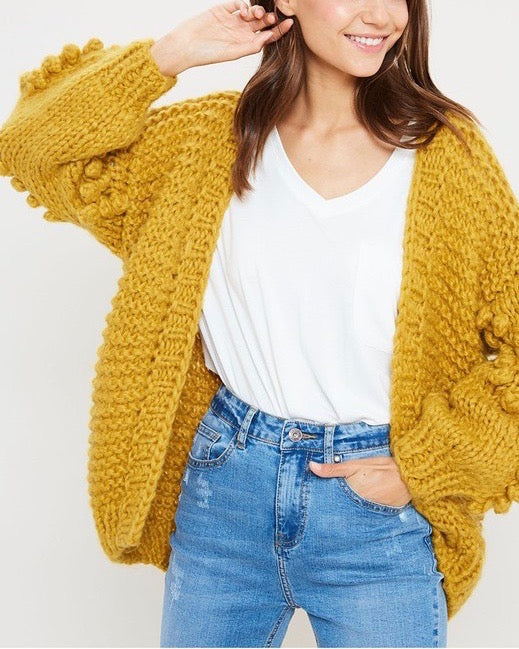 Heart On My Sleeves Handmade Relaxed Open Knit Knitted Open Front Cardigan Sweater in Mustard