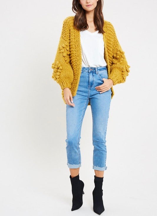 Heart On My Sleeves Handmade Relaxed Open Knit Knitted Open Front Cardigan Sweater in Mustard