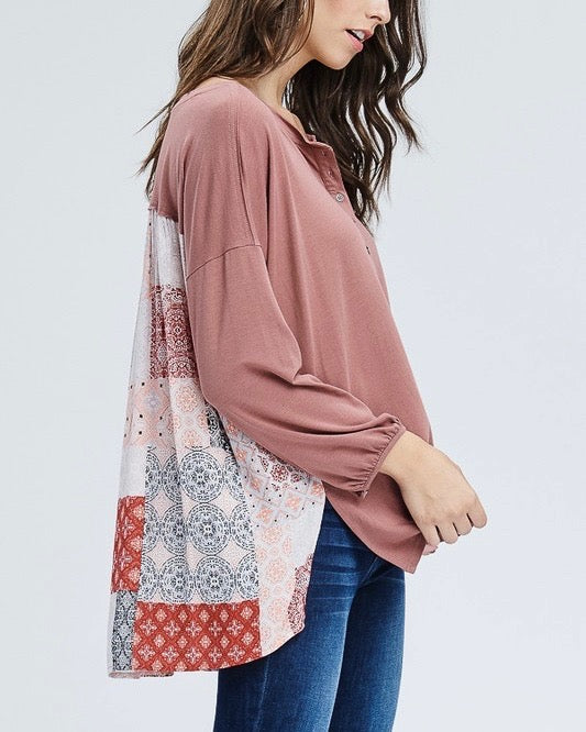 Henley Knit Top with Contrast Printed Back in Mauve