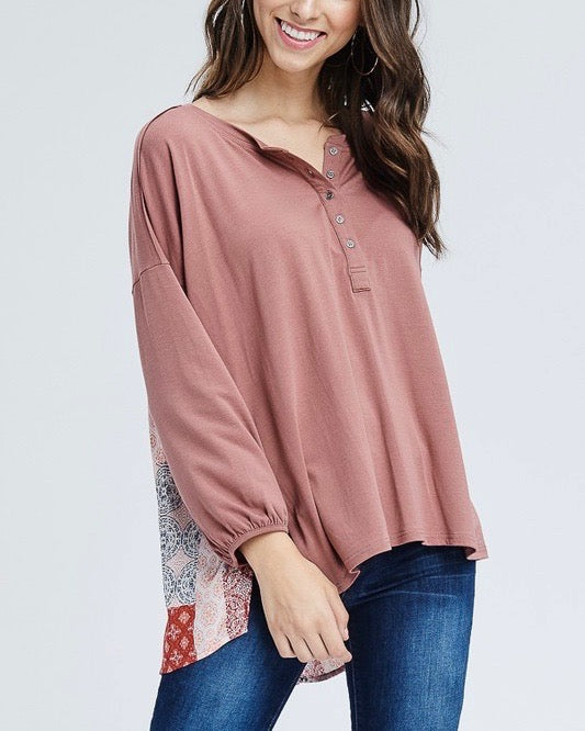 Henley Knit Top with Contrast Printed Back in Mauve