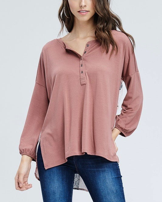Henley Knit Top with Contrast Printed Back in Mauve