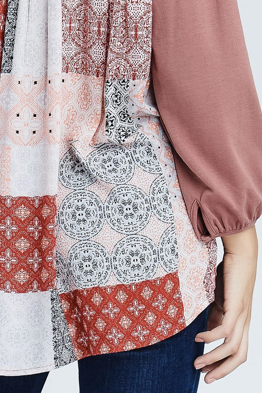 Henley Knit Top with Contrast Printed Back in Mauve