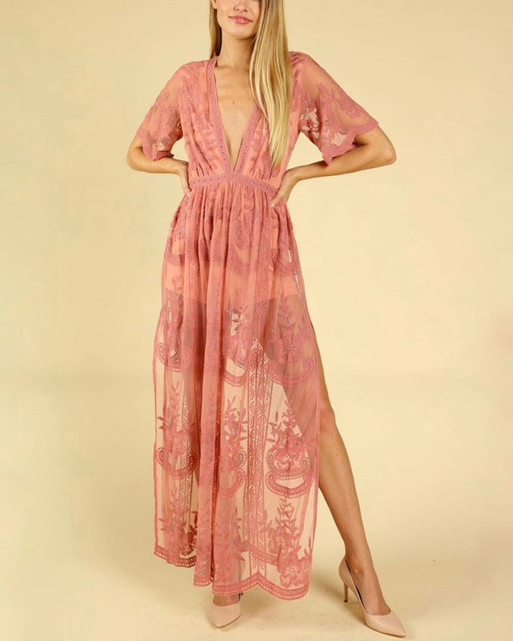 honey punch - embroidered - lace - maxi dress - v neck - short sleeve - ginger
