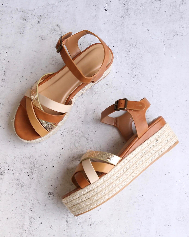 Criss Cross Strappy Band Espadrilles Platform Sandal with Ankle Strap - Tan Multi