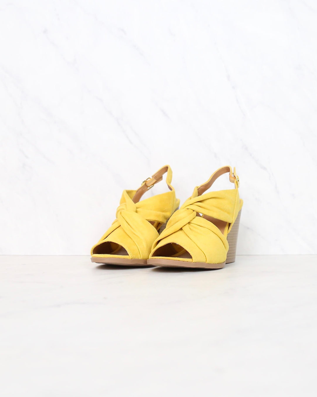 Knot Your Basic Pair Slingback Ankle Strap Wooden Heel Sandals in Yellow Suede