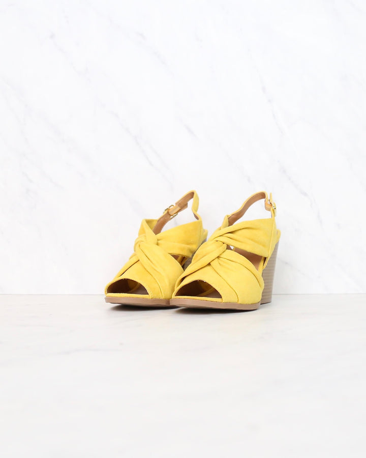 Knot Your Basic Pair Slingback Ankle Strap Wooden Heel Sandals in Yellow Suede