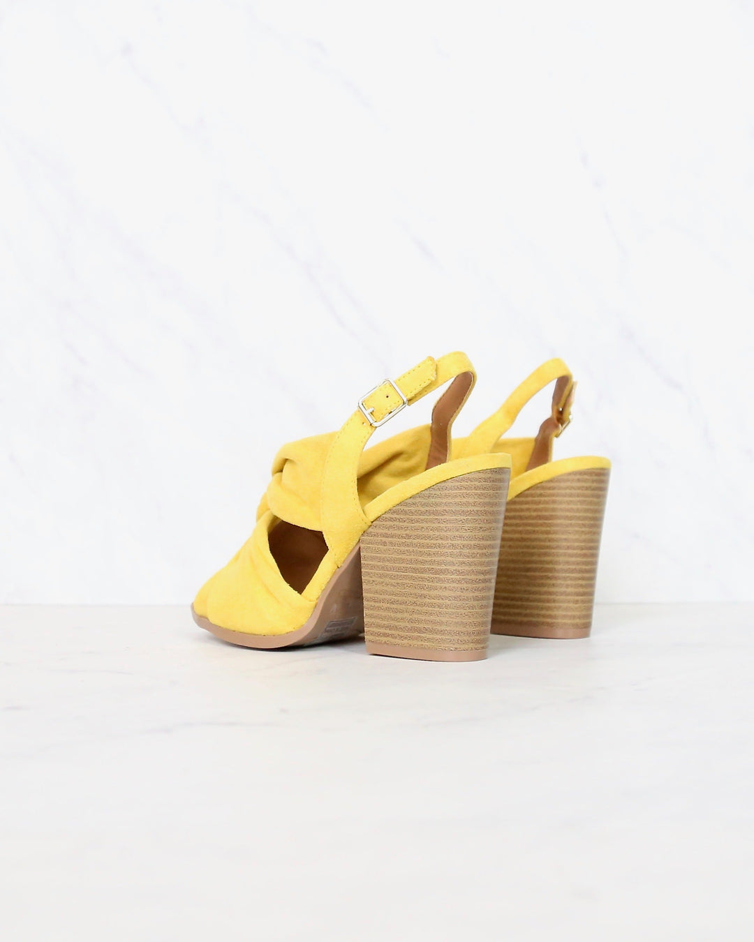 Knot Your Basic Pair Slingback Ankle Strap Wooden Heel Sandals in Yellow Suede