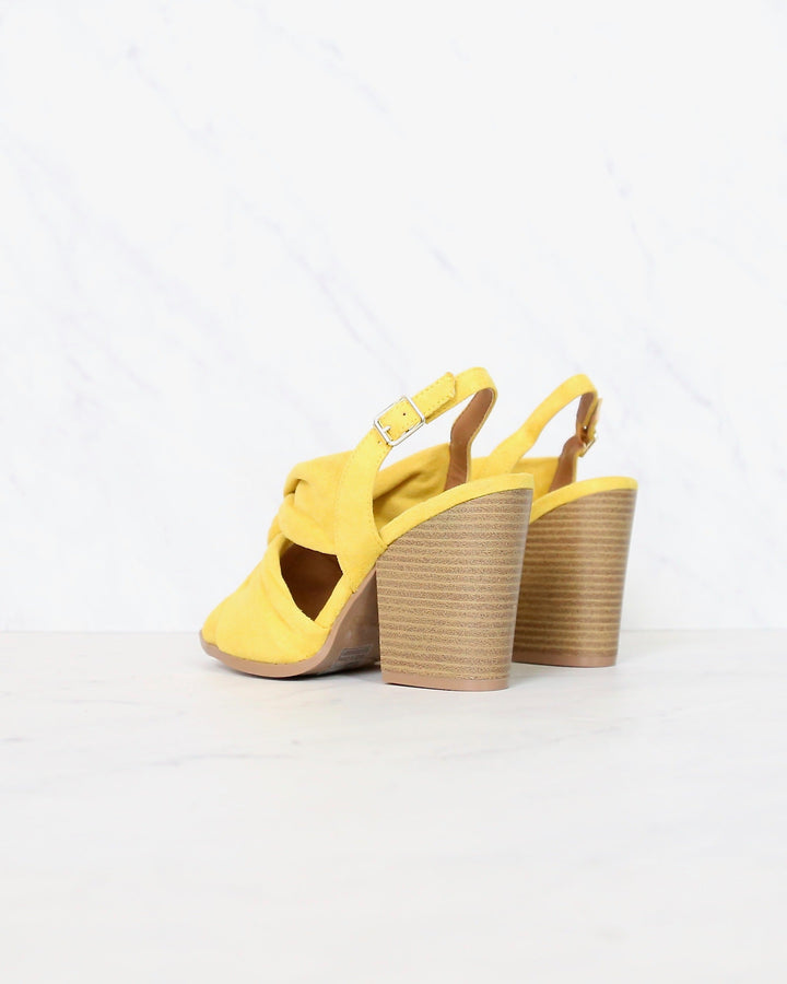 Knot Your Basic Pair Slingback Ankle Strap Wooden Heel Sandals in Yellow Suede