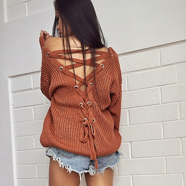 Own the Night Lace Up Back Knit Sweater in More Colors