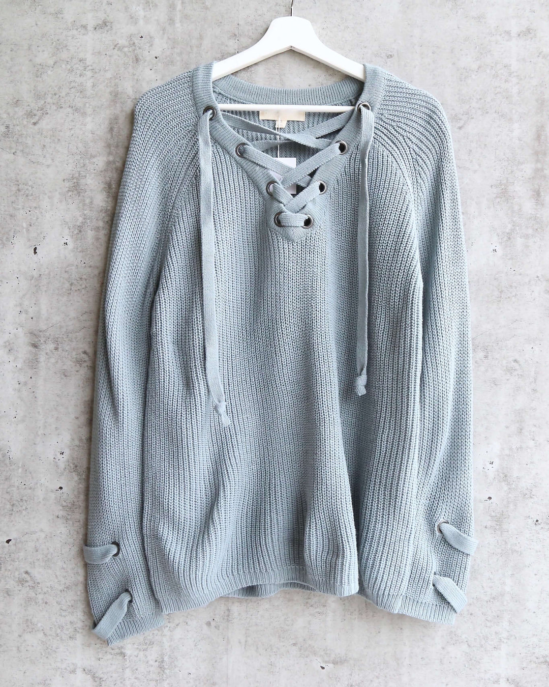 Lace Up Grommet Knit Sweater in Sage