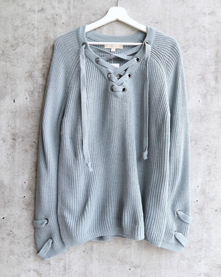 Lace Up Grommet Knit Sweater in Sage