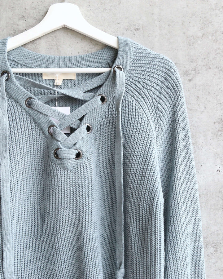 Lace Up Grommet Knit Sweater in Sage