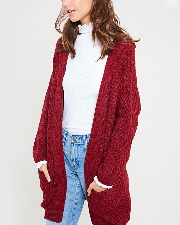 Long sleeve low gauge open knit wishlist cardigan sweater with pockets BURGUNDY