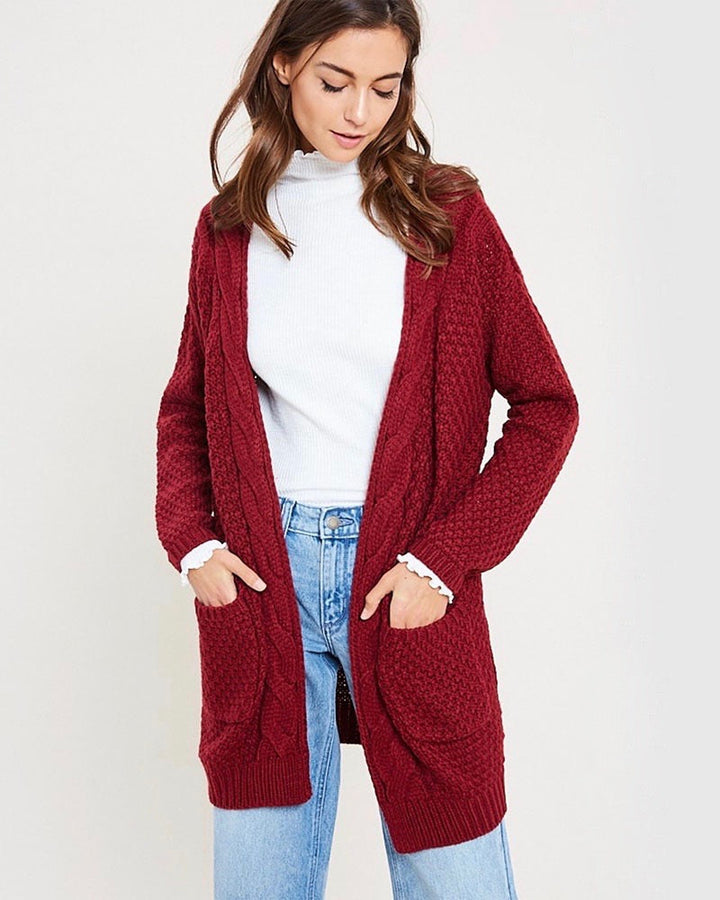 Long sleeve low gauge open knit wishlist cardigan sweater with pockets BURGUNDY
